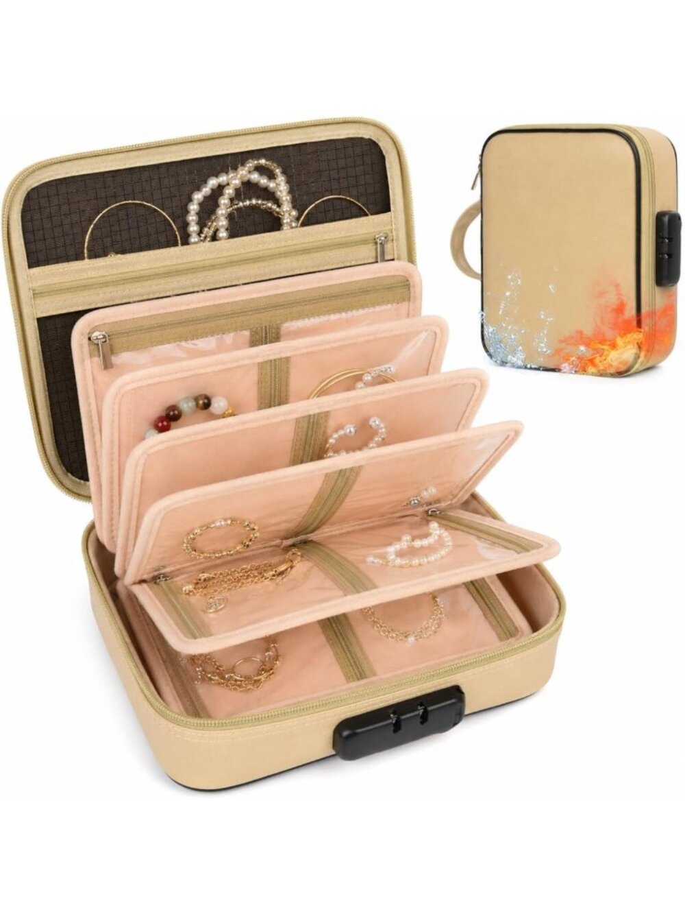 Fireproof Travel Jewelry Organizer Case with Lock & 6 Pages - Secure Storage